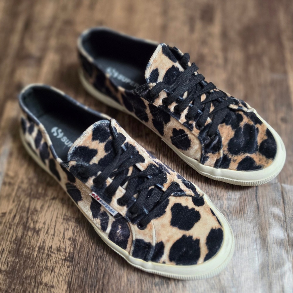 SUPERGA 2750 Sneakers Women 10 Leopard Print Velvet Low Top Lace Up‎